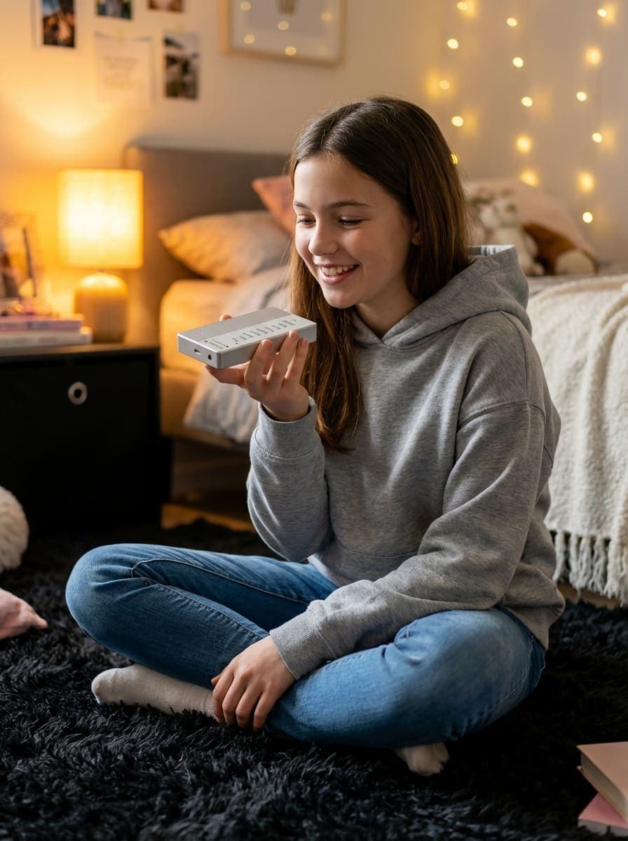 A girl sitting cross-legged talking into her LOUP