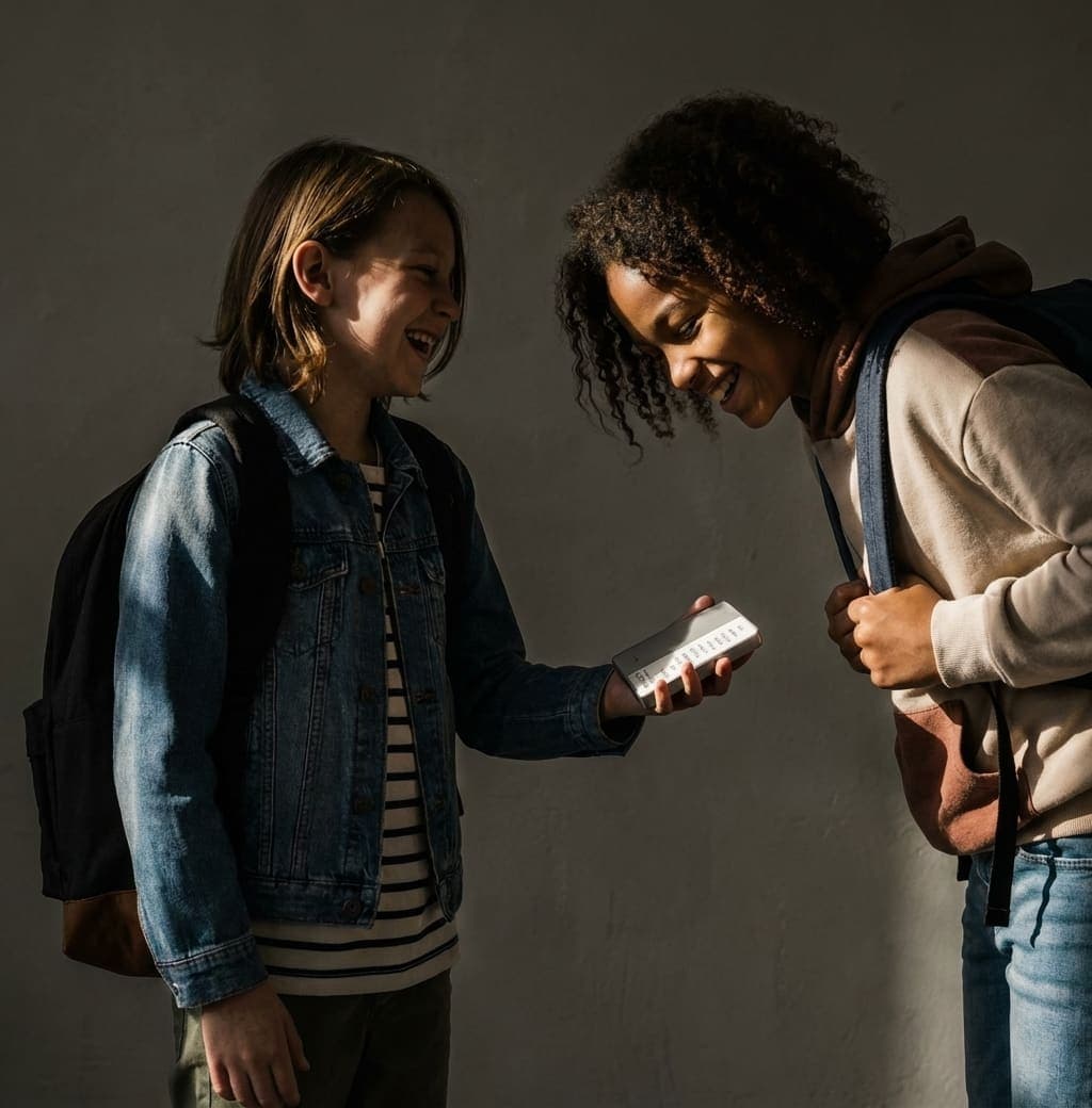 Two kids sharing a LOUP in dramatic light