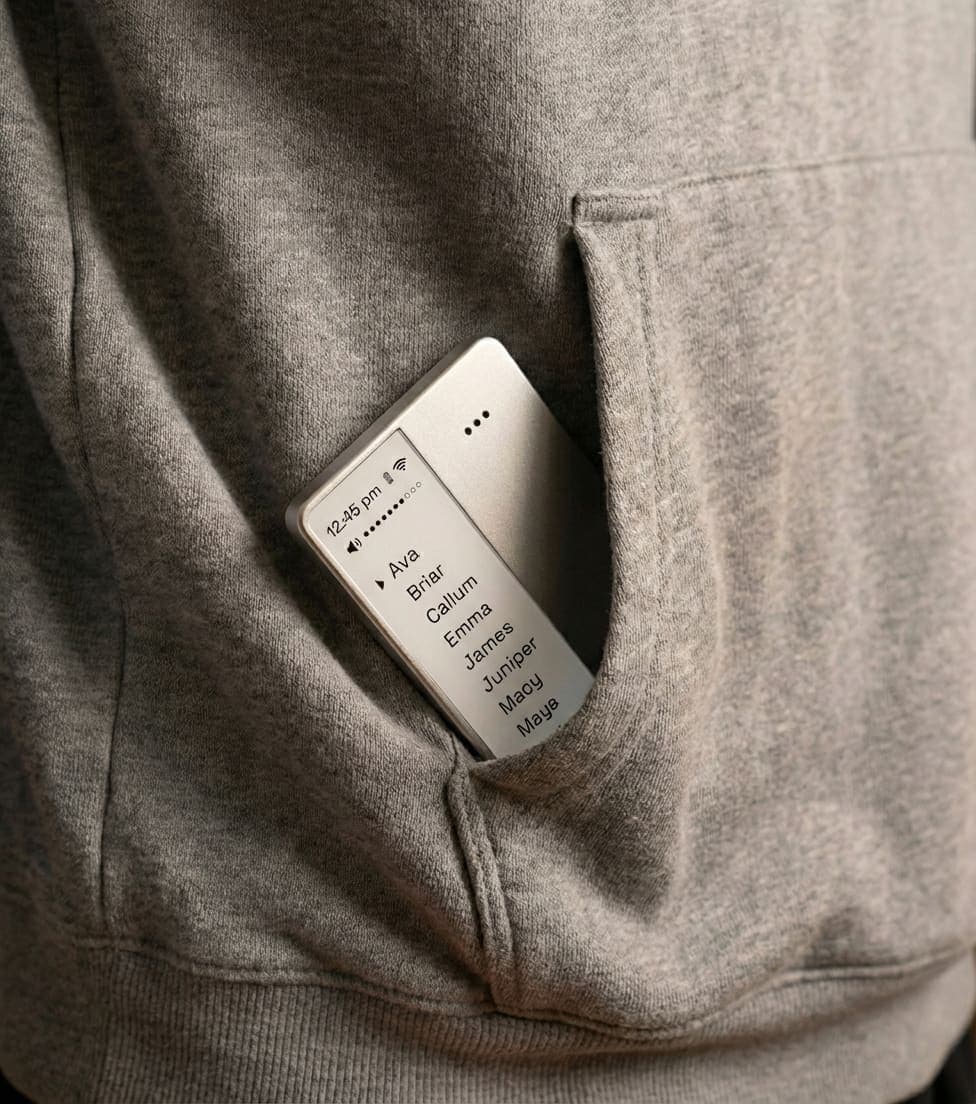 LOUP peeking out of a kid's sweatshirt pocket