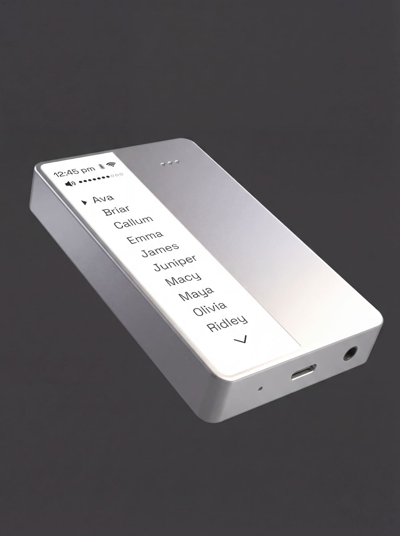 LOUP three-quarter view showing the e-ink contact strip